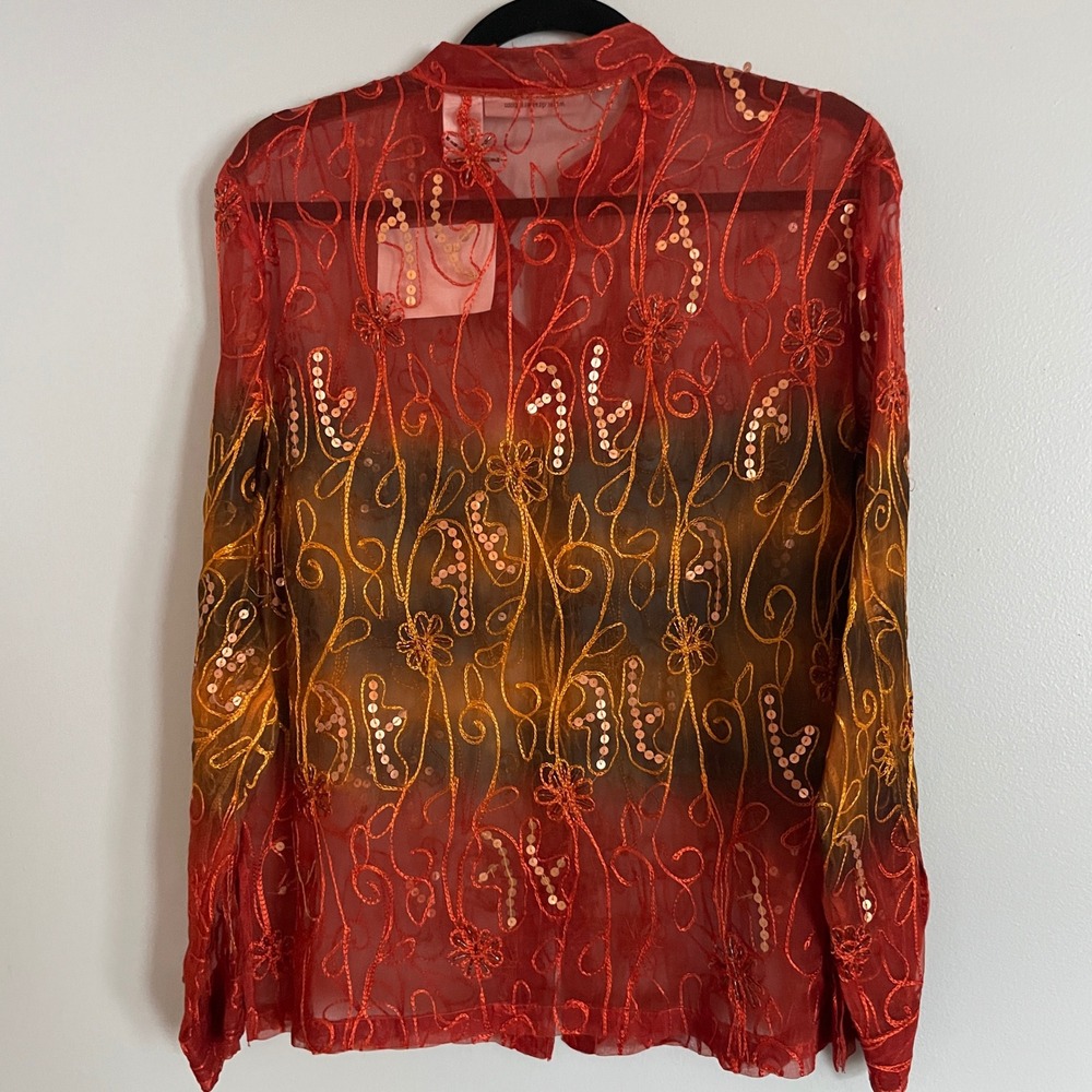 Draper's & Damon's Silk Blouse Womens M Red Ombre Embroidered Sequin Boho Sheer - Picture 3 of 12
